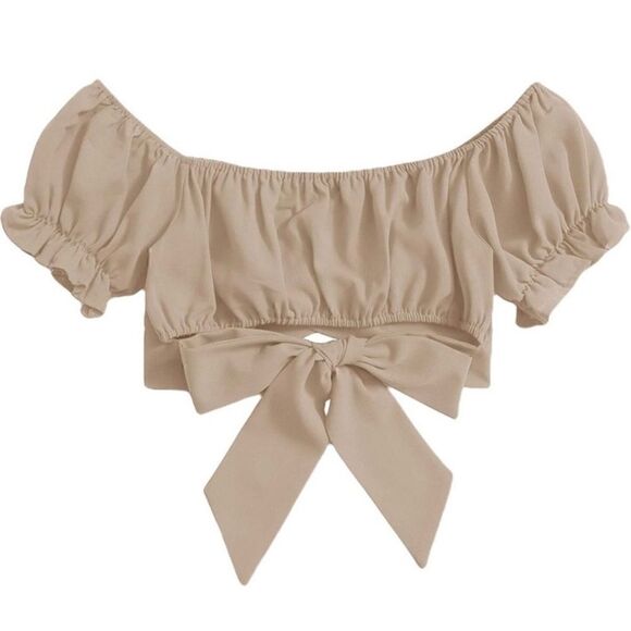 Boho Off the Shoulder Puff Sleeve beige Crop Top‎ - Picture 2 of 5